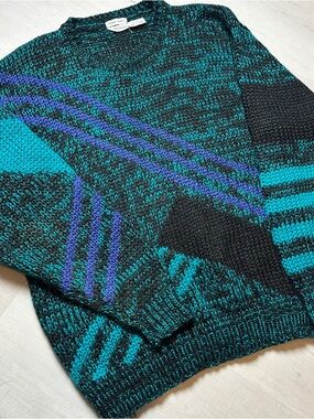 Bachrach Teal, Black & Purple Patterned Crewneck Sweater Hand Knit
